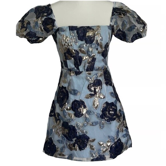 Lulu’s Cheerfully Perfect Blue Floral Jacquard Puff Sleeve Mini Dress Size M New - Picture 3 of 15